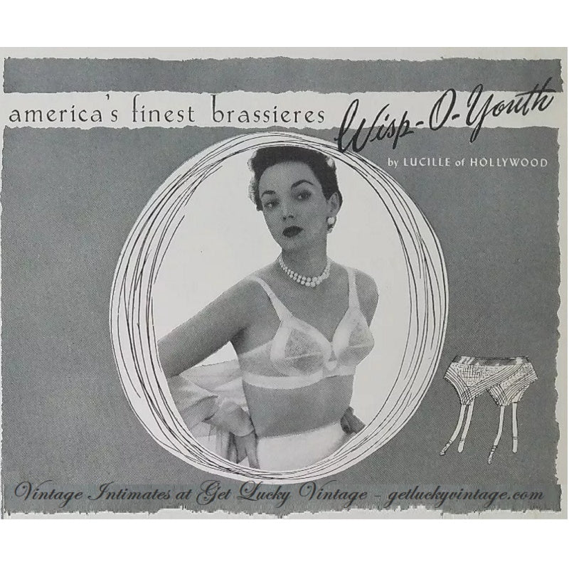 1950s Vintage Black Satin Bondage Babe Bra Whisp-O-Youth advertisement.