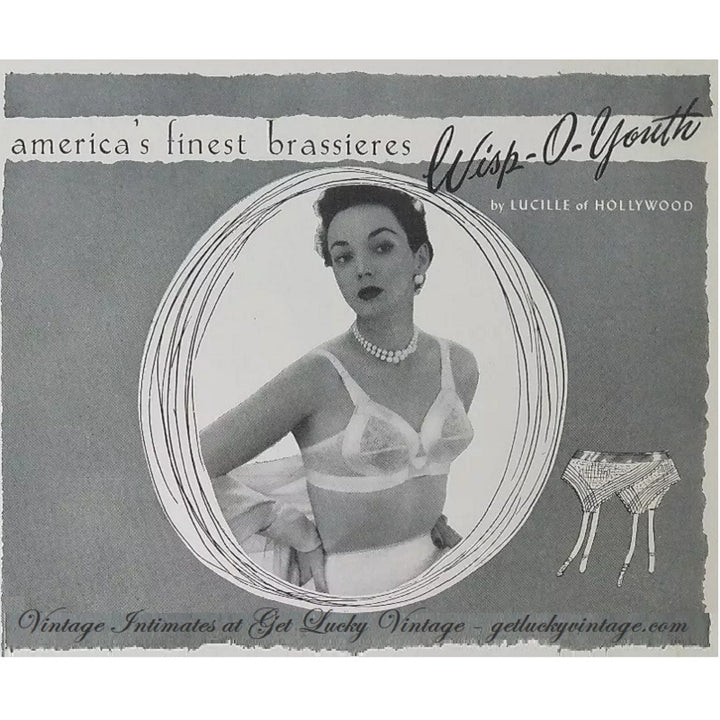 1950s Vintage Black Satin Bondage Babe Bra Whisp-O-Youth advertisement.