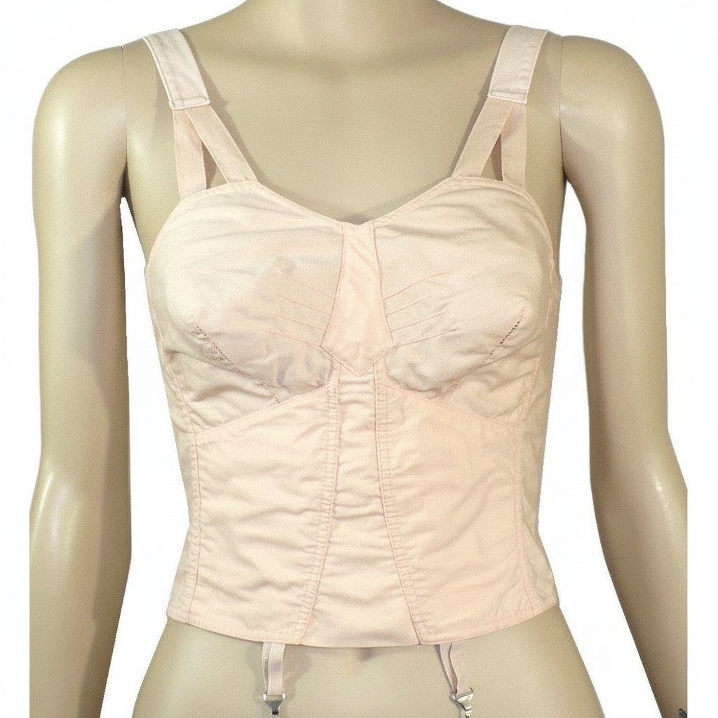 Peach 1940s Full Busted Babe Longline Bra with Girdle Hooks on a mannequin against a white background