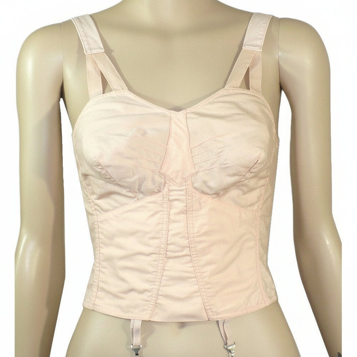 Peach 1940s Full Busted Babe Longline Bra with Girdle Hooks on a mannequin against a white background