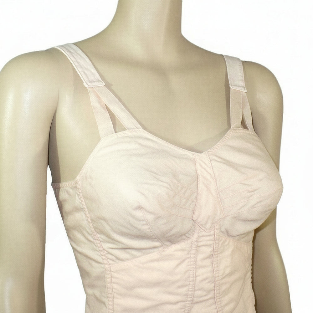 Peach 1940s Full Busted Babe Longline Bra with Girdle Hooks on a mannequin against a white background.