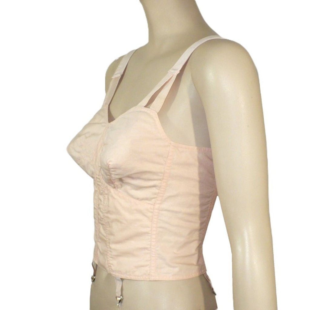 Peach 1940s Full Busted Babe Longline Bra with Girdle Hooks on a mannequin against a white background.