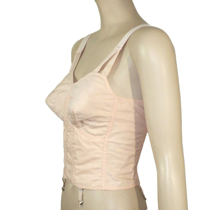 Peach 1940s Full Busted Babe Longline Bra with Girdle Hooks on a mannequin against a white background.