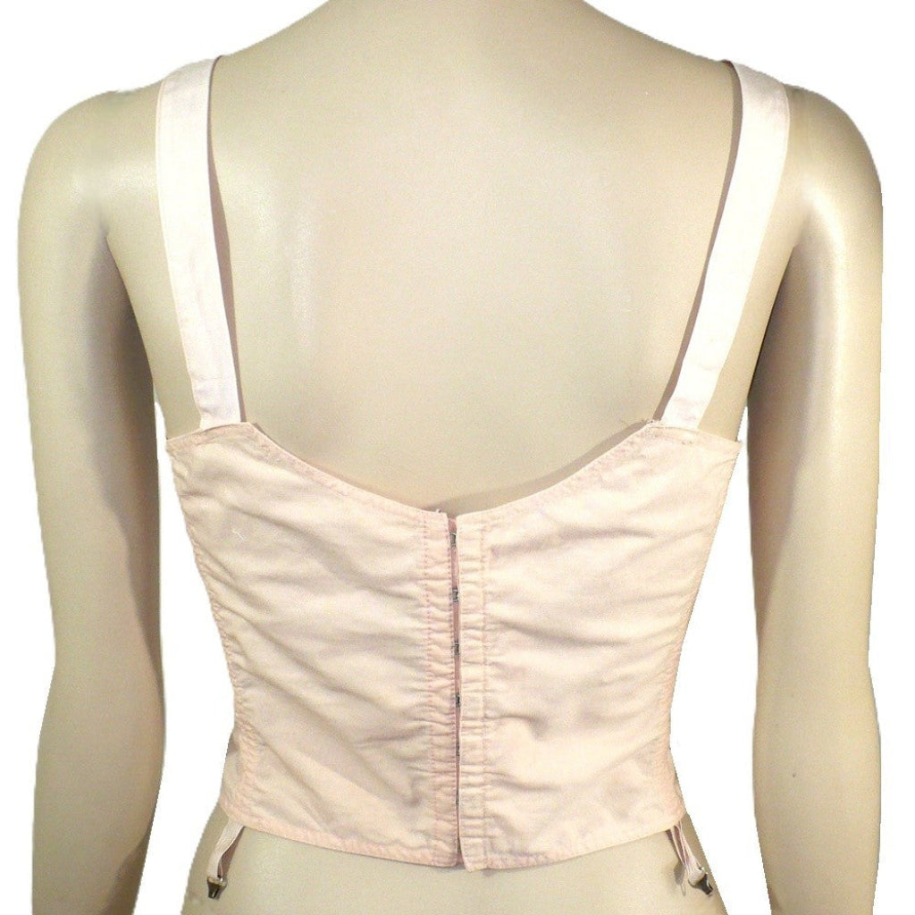 Peach 1940s Full Busted Babe Longline Bra with Girdle Hooks on a mannequin against a white background. Back View.