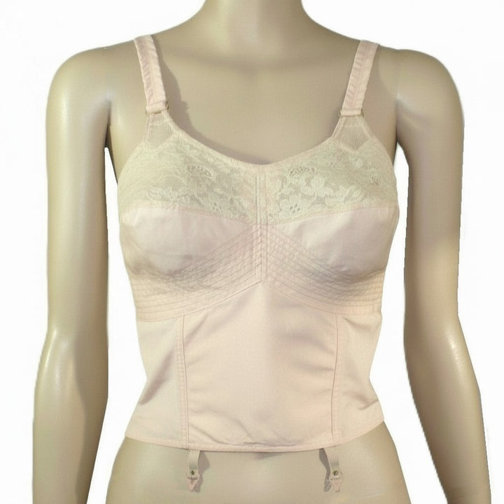 1930s Pre-war Vintage Lace-topped Longline Bra Brassiere 30Don a mannequin with a white background