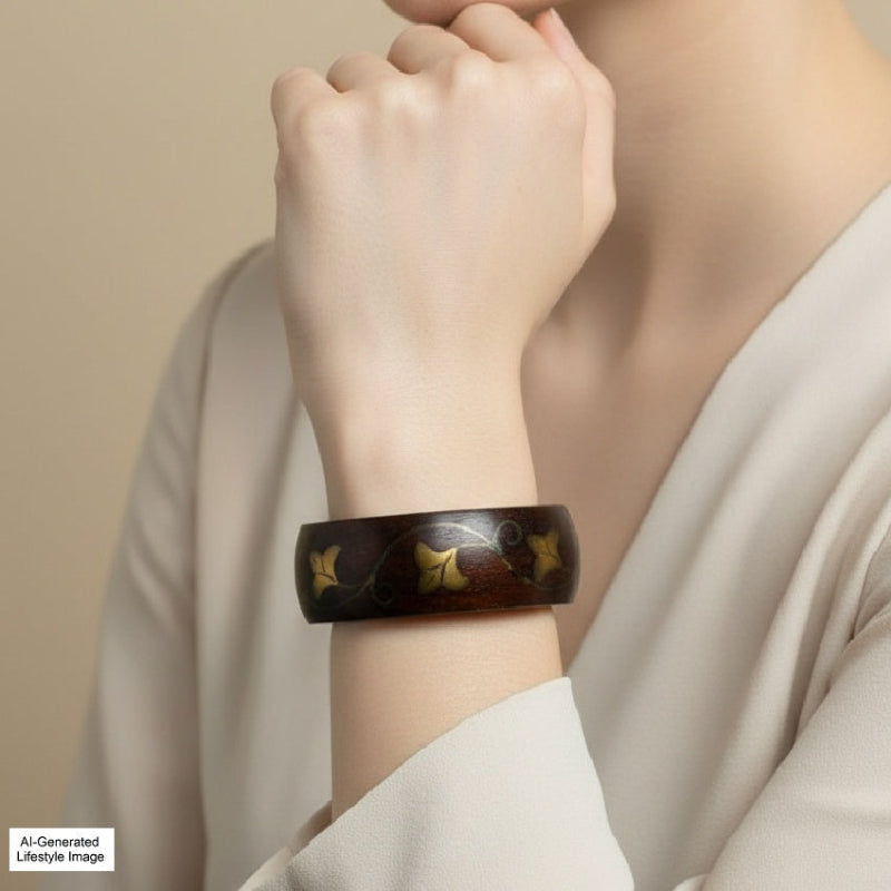 1970s Teak & Brass Floral Inlay Bangle Bracelet displayed on wrist of Ai generated lifestyle model.