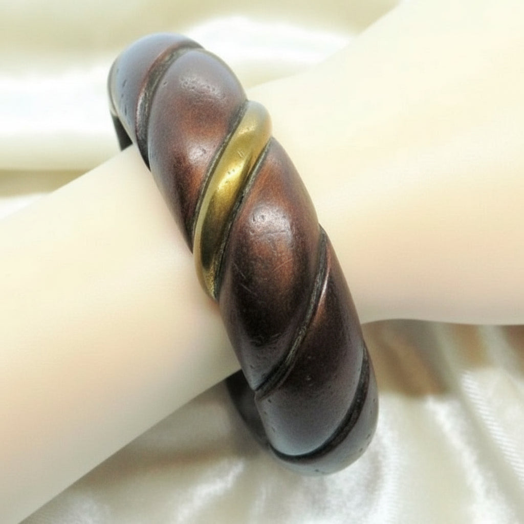 1970s Vintage Rope Twisted Teak Wood Brass Boho Bangle Bracelet on wrist.