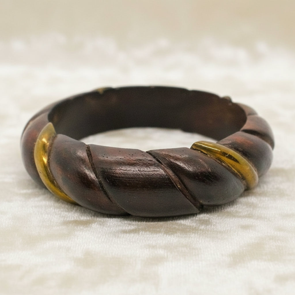 1970s Vintage Rope Twisted Teak Wood Brass Boho Bangle Bracelet and white background.