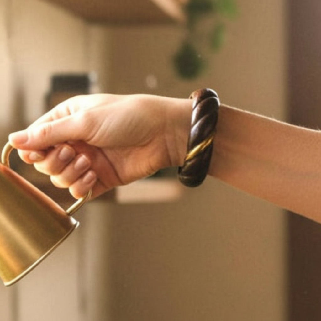 1970s Vintage Rope Twisted Teak Wood Brass Boho Bangle Bracelet on wrist.