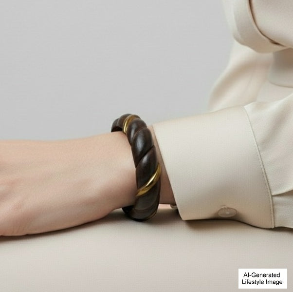 1970s Teak & Brass Rope Twist Bangle Bracelet