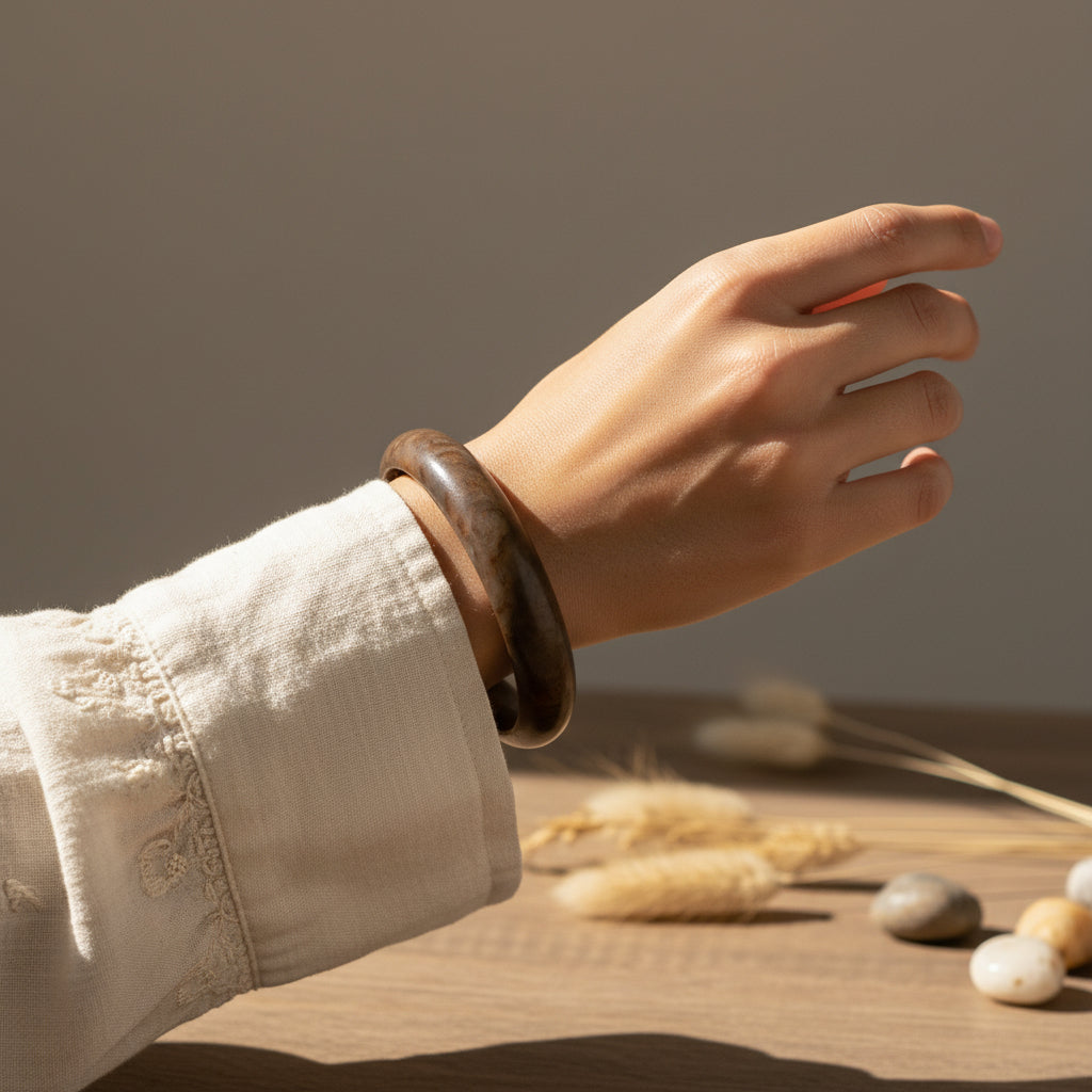 1970s Vintage Boho Teak Wood Hololith Bangle Bracelet on wrist of model.