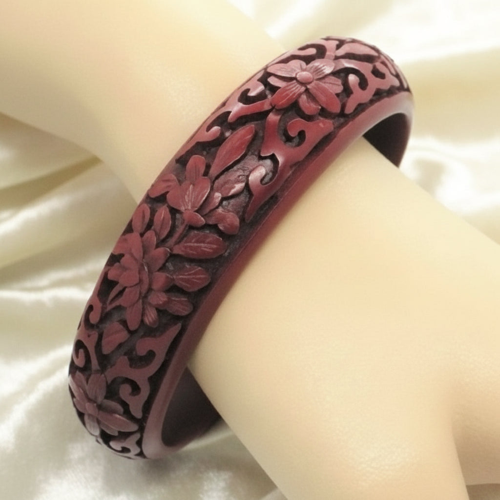 Vintage Auspicious Carved Red Cinnabar Bangle Bracelet on wrist.