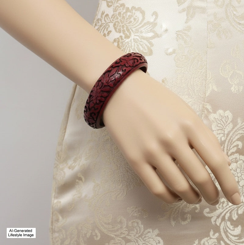 1970s Carved Cinnabar Bangle Bracelet on wrist of AI generated model to show lifestyle image.