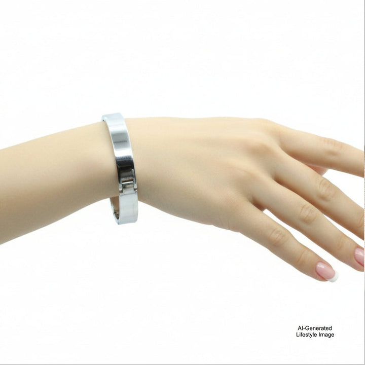 1960s Sterling Silver Charniere Bangle Bracelet - Industria Argentina on AI generated model for lifestyle image.