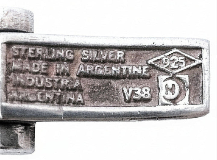 1960s Sterling Silver Charniere Bangle Bracelet - Industria Argentina hallmarks, enlarged.