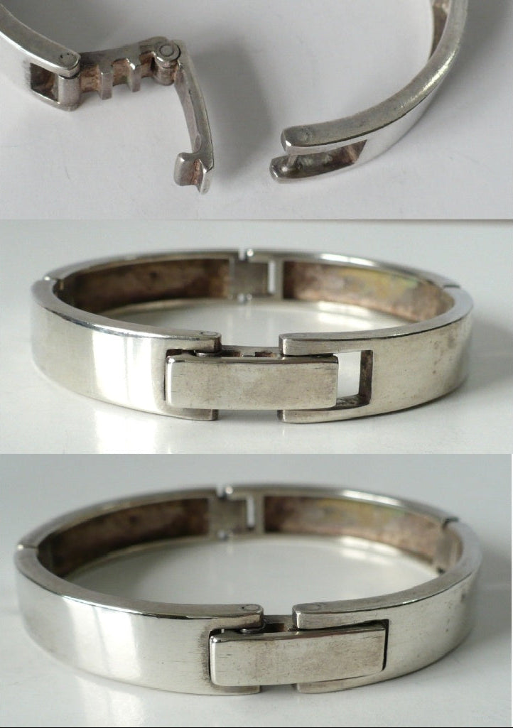 Three views of hinged clasp - open, closed A, closed B.