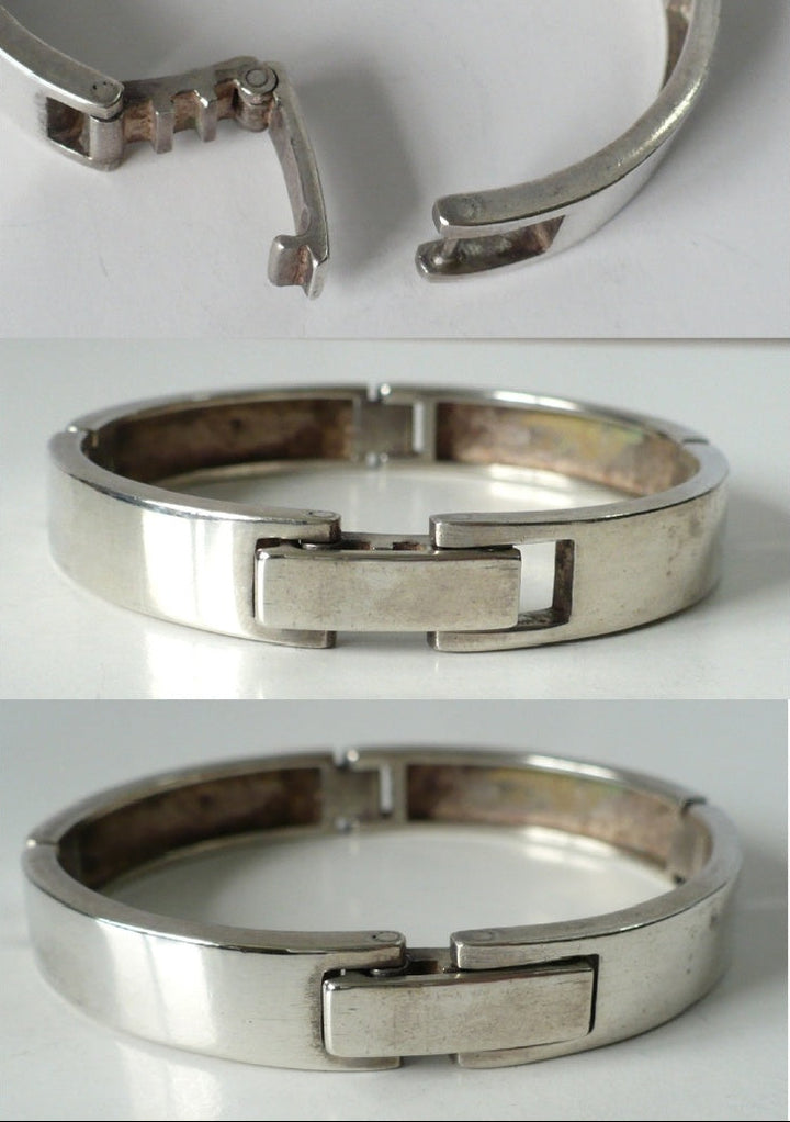 Three views of hinged clasp - open, closed A, closed B.