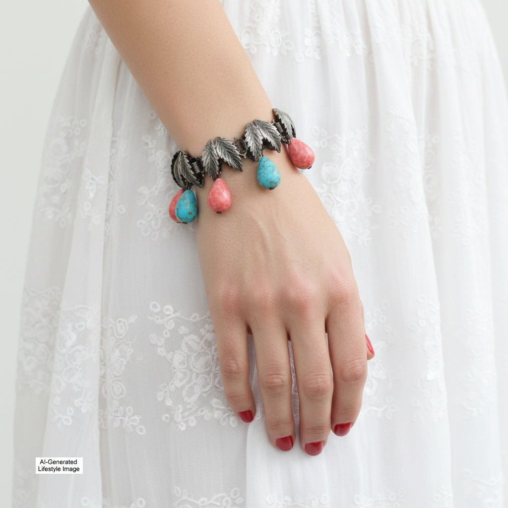 1930s Vintage Silver Hubbell Glass Charm Bracelet