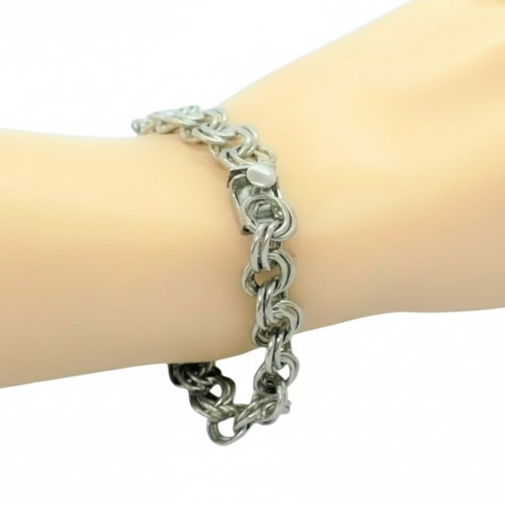 1950s Vintage Sterling Silver Double Link Bracelet for Charms by Lang on wrist.