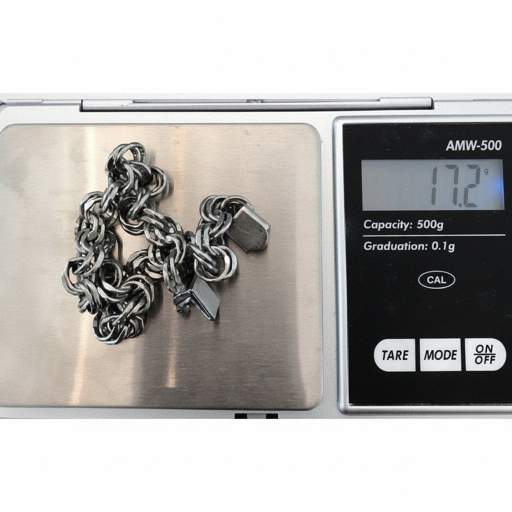 1950s Vintage Sterling Silver Double Link Bracelet for Charms by Lang on jewelry scale verifies 17.2 grams total weight.