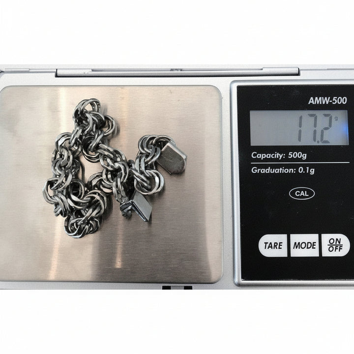 1950s Vintage Sterling Silver Double Link Bracelet for Charms by Lang on jewelry scale verifies 17.2 grams total weight.