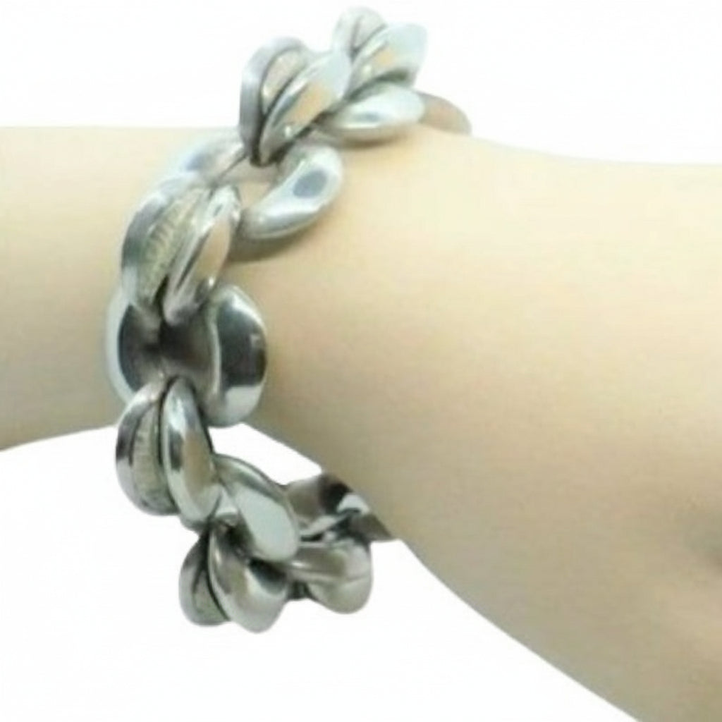 MCM 1960s Modernist 900 Silver Chunky Link Bracelet Argentina Artisan Made  on wrist.