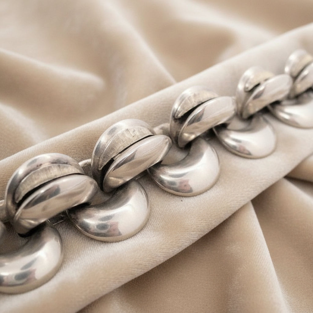 MCM 1960s Modernist 900 Silver Chunky Link Bracelet Argentina Artisan Made  on fabric.