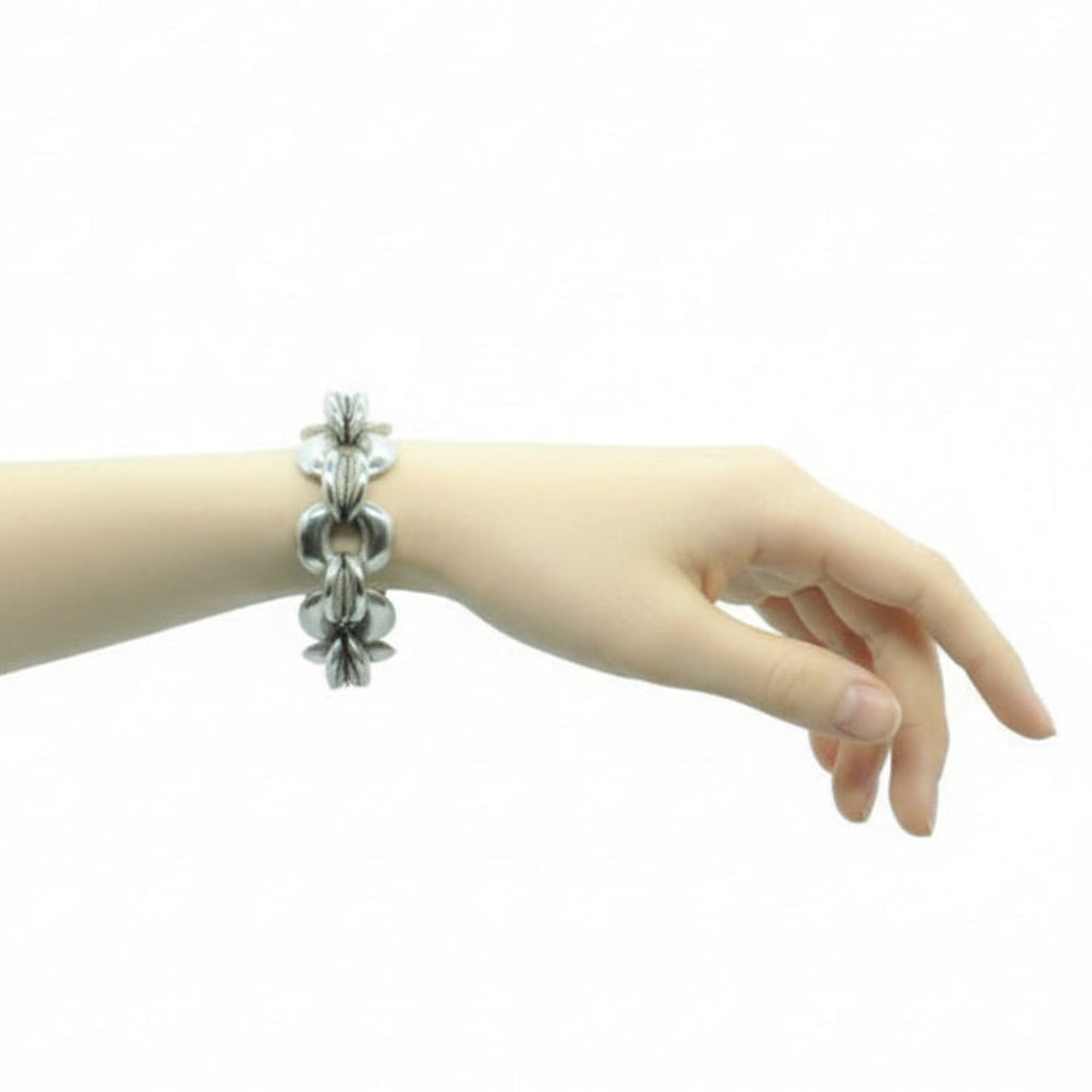 MCM 1960s Modernist 900 Silver Chunky Link Bracelet Argentina Artisan Made  on wrist.