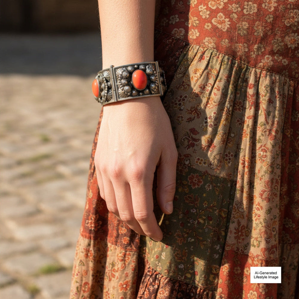 Woman wearing festival gypsy-style bracelet.