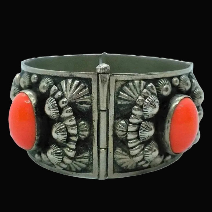1960s Alpaca Silver Bracelet with Coral Lucite Cabochons shows pin inserted.