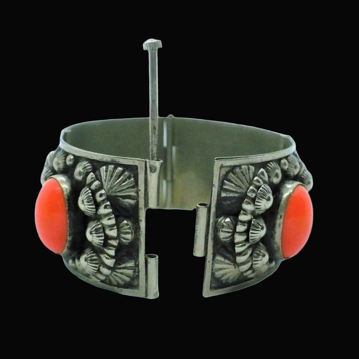 1960s Alpaca Silver Bracelet with Coral Lucite Cabochons shows pin  lifted and unfastened.