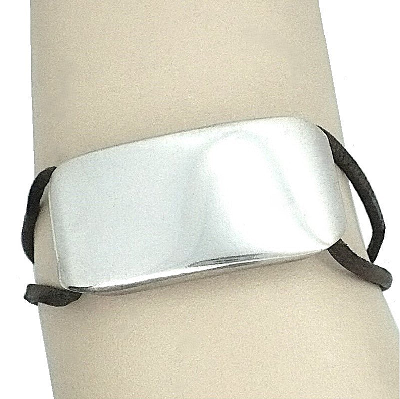 Vintage J. Rivièr Modernist ID Bracelet, 800 Silver & Leather Italy on wrist.