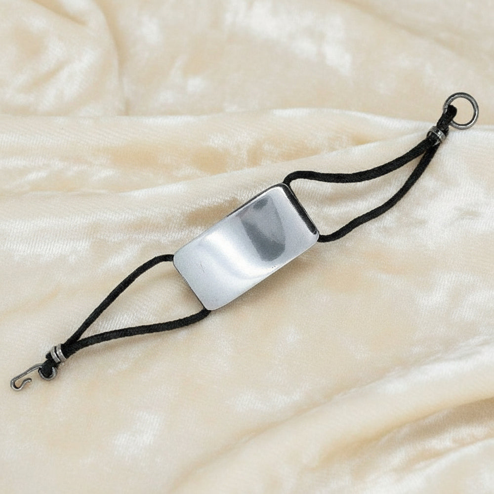 Vintage J. Rivièr Modernist ID Bracelet, 800 Silver & Leather Italy, laying flat