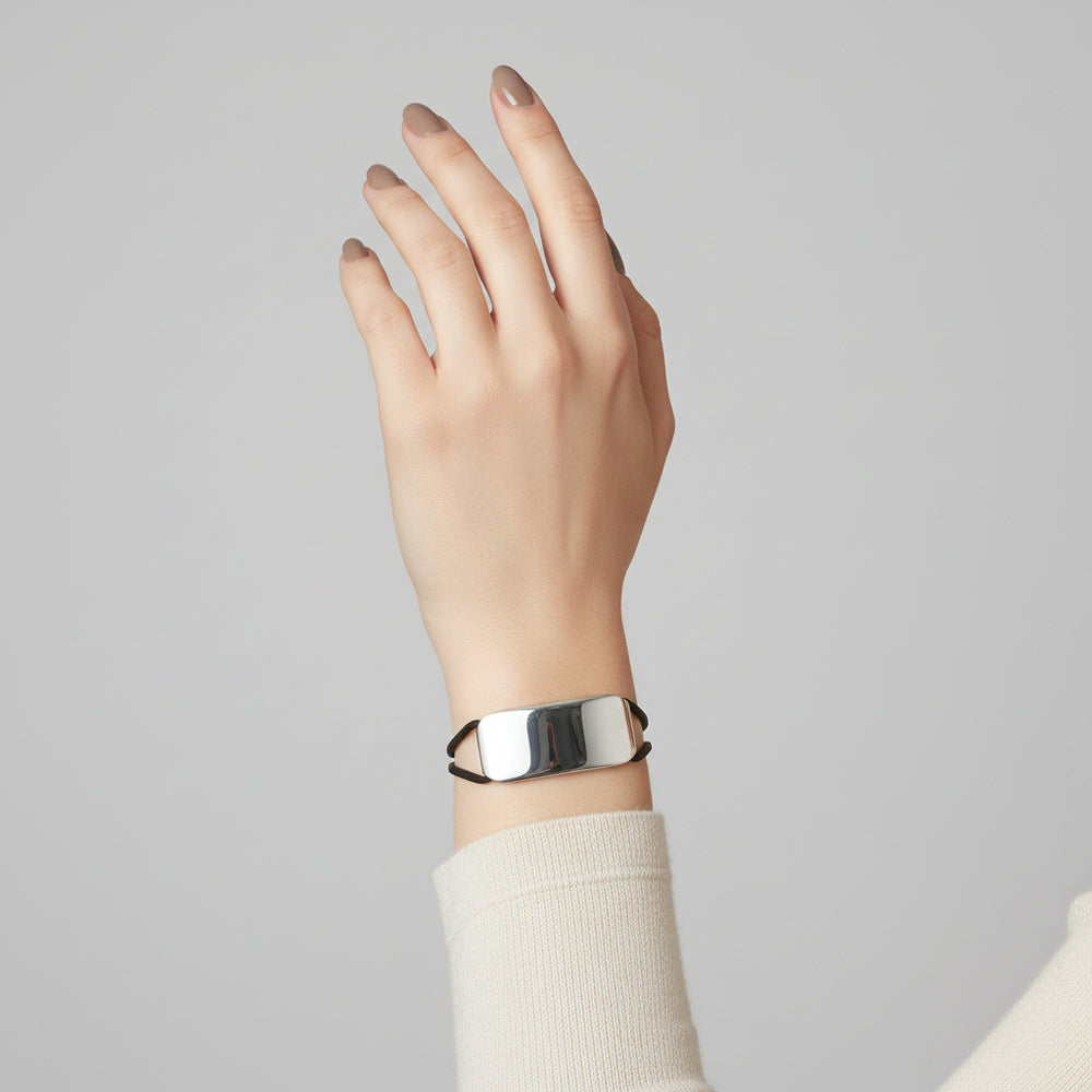 Vintage J. Rivièr Modernist ID Bracelet, 800 Silver & Leather Italy, on arm.