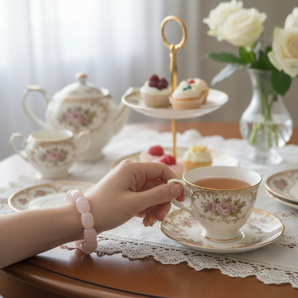 Romantic vintage beaded rose quartz bracelet on wrist of lady drinking tea.