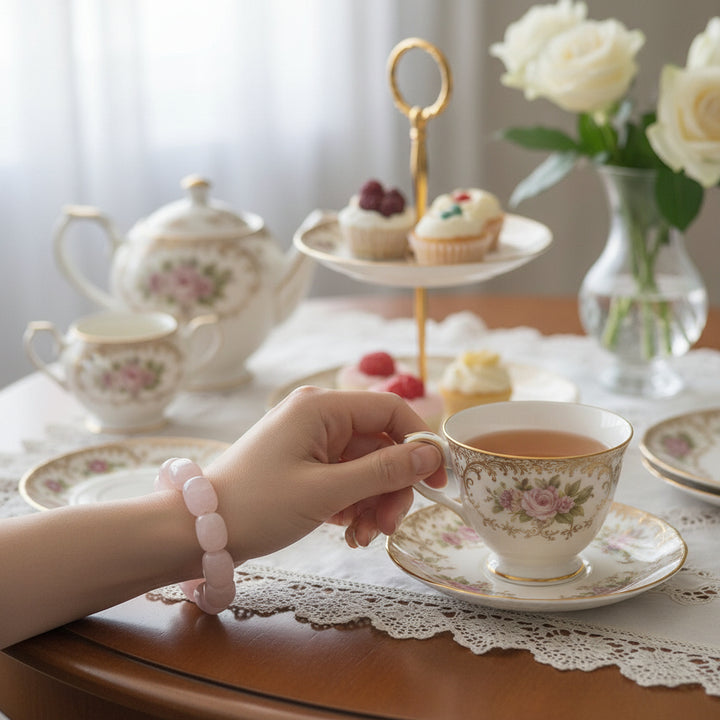 Romantic vintage beaded rose quartz bracelet on wrist of lady drinking tea.