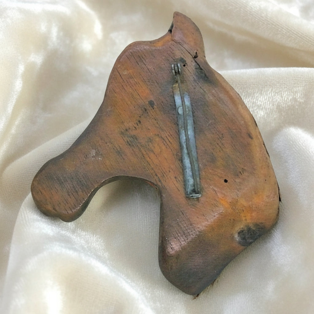  1940s Vintage American Folk Art Carved Horse Head Brooch with mane.