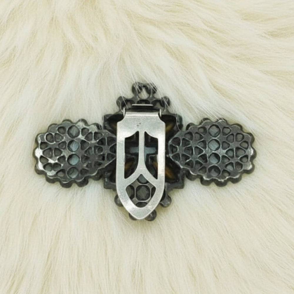 Vintage 1930s Japanned Fur Clip with Czech Bohemian Art Glass Brooch closed clasp back.