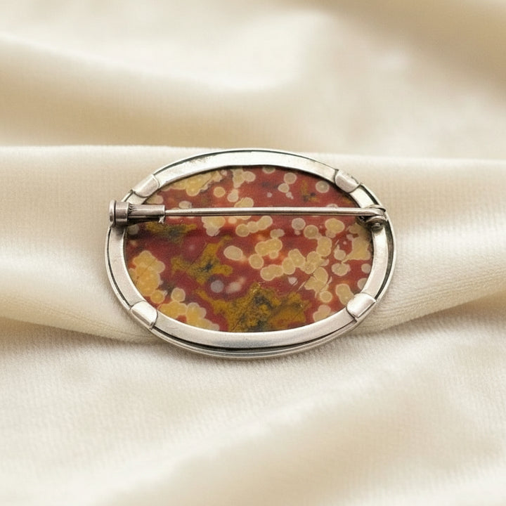 1890 Victorian Ocular Ocean Jasper Oval Cabochon Brooch Antique Jewelry.