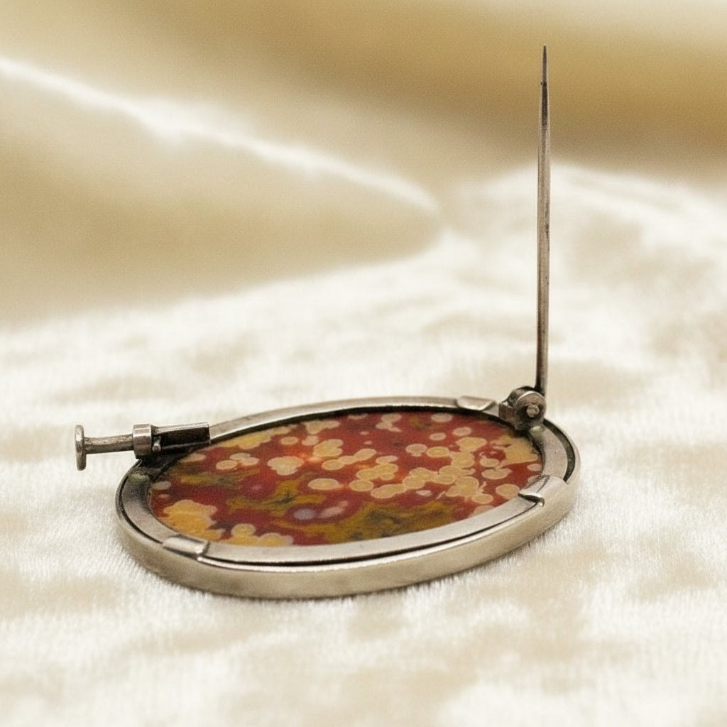 1890 Victorian Ocular Ocean Jasper Oval Cabochon Brooch Antique Jewelry.