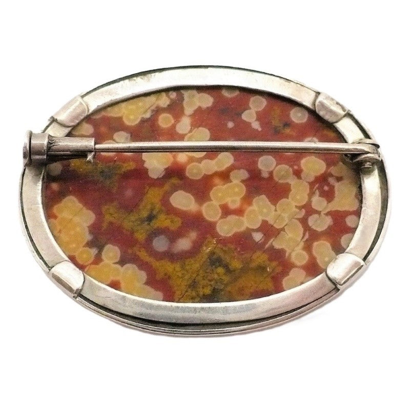 1890 Victorian Ocular Ocean Jasper Oval Cabochon Brooch Antique Jewelry.