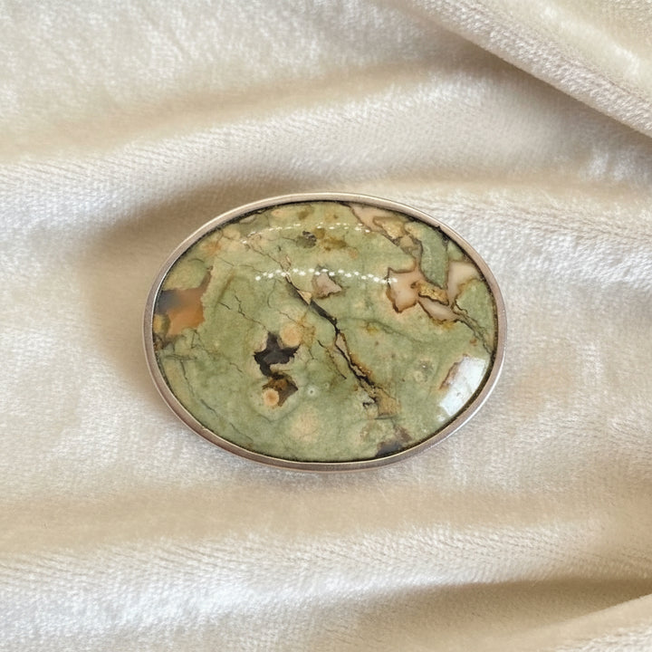 1890 Victorian Oval Cabochon Rainforest Jasper Brooch Antique Jewelry.