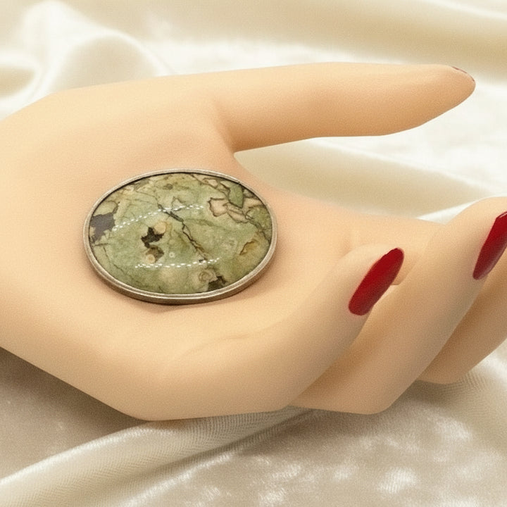 1890 Victorian Oval Cabochon Rainforest Jasper Brooch Antique Jewelry.