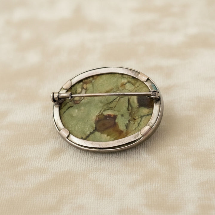 1890 Victorian Oval Cabochon Rainforest Jasper Brooch Antique Jewelry.