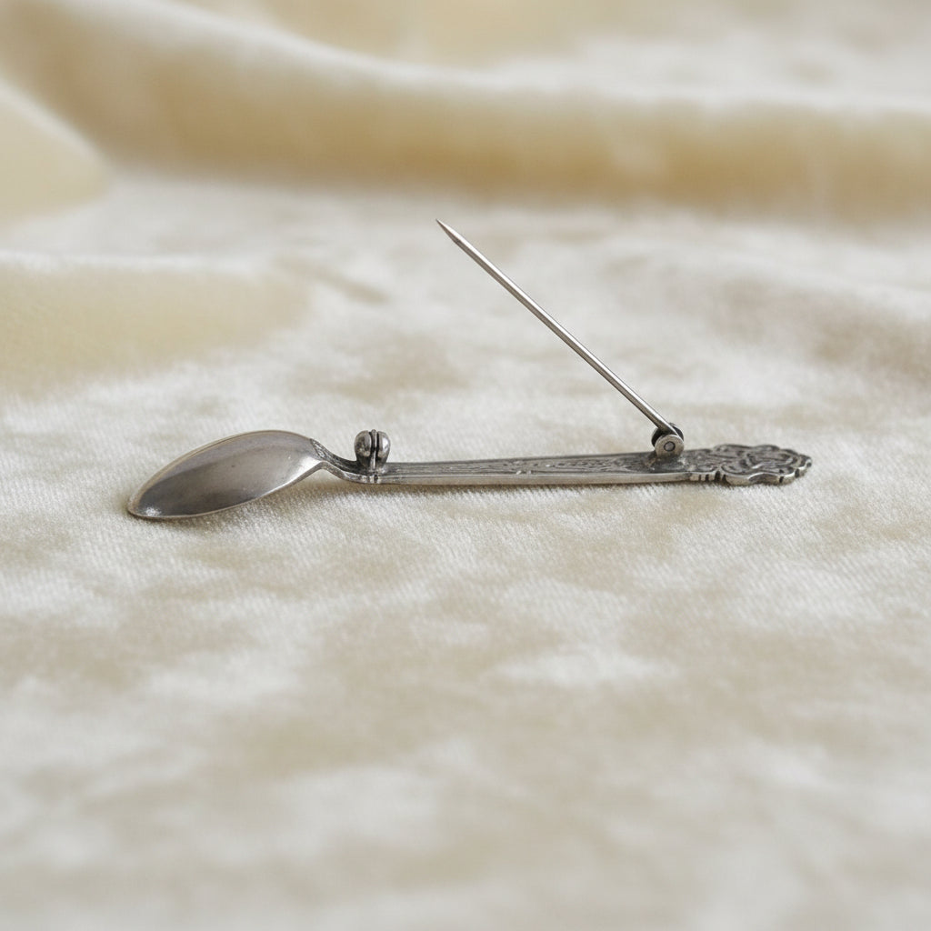 Gift for Spoon Collector 1960s Vintage Sterling Silver Spoon Brooch. Shown opened.