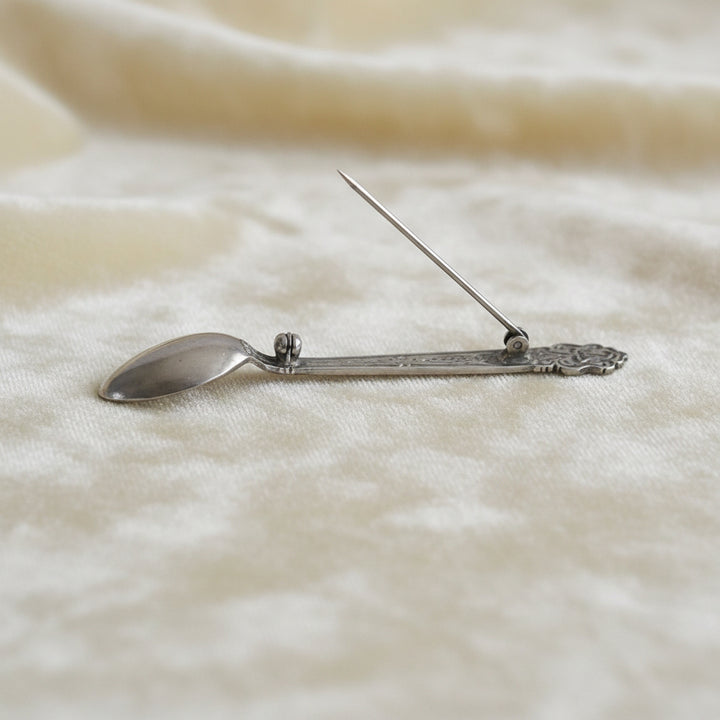Gift for Spoon Collector 1960s Vintage Sterling Silver Spoon Brooch. Shown opened.