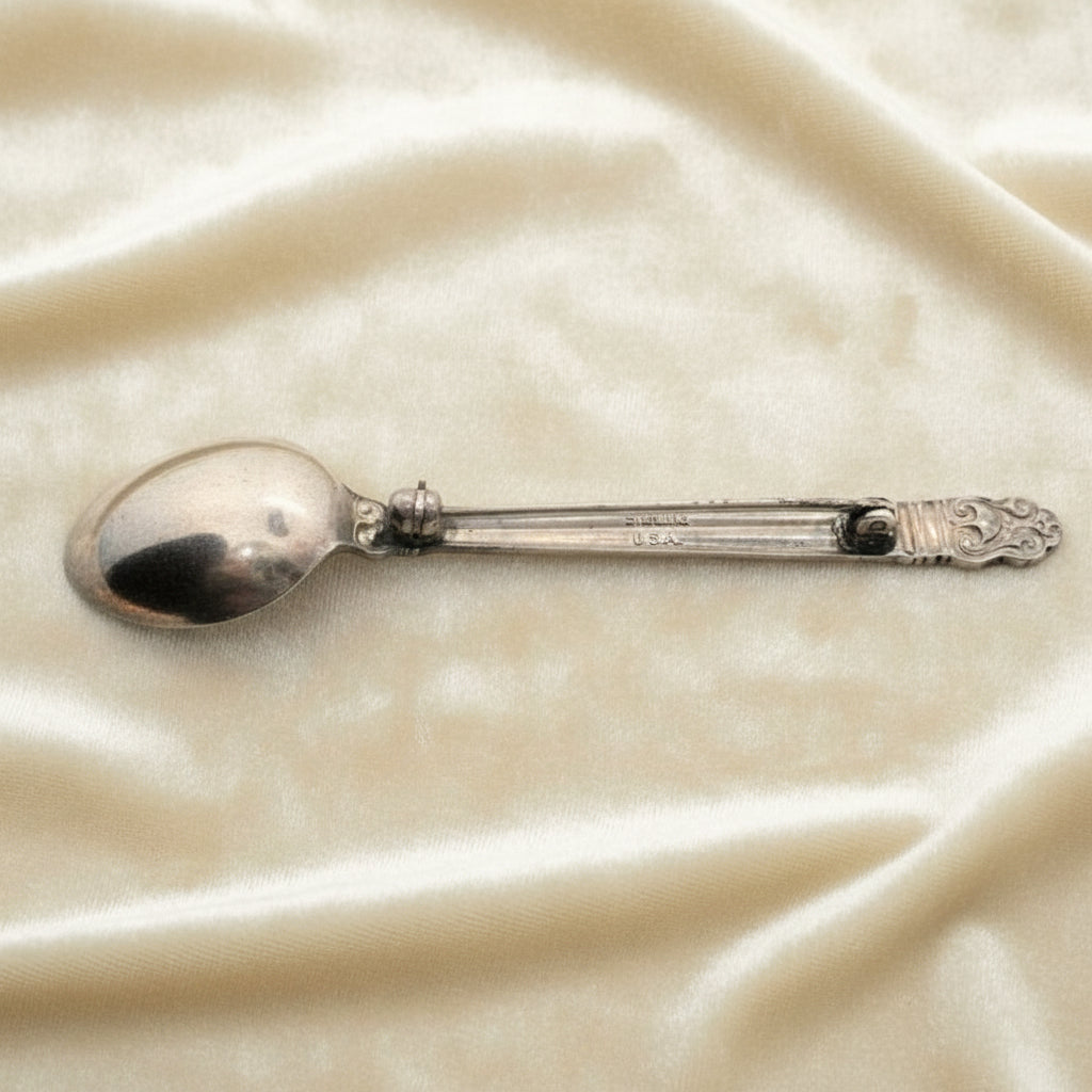 Gift for Spoon Collector 1960s Vintage Sterling Silver Spoon Brooch. Back side.