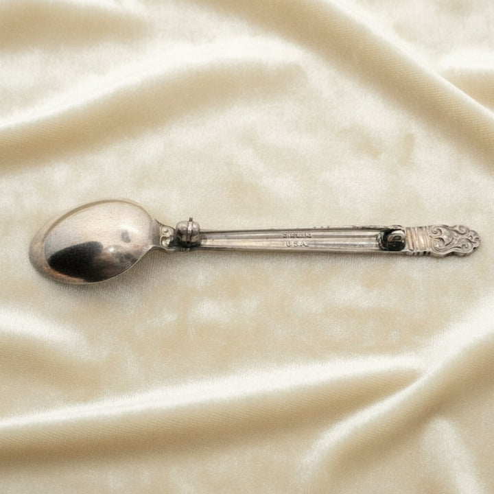 Gift for Spoon Collector 1960s Vintage Sterling Silver Spoon Brooch. Back side.