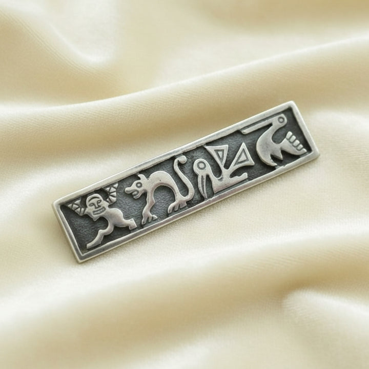 1920s Vintage Aztec Deities Bar Pin, Mexican Silver Renaissance Brooch.