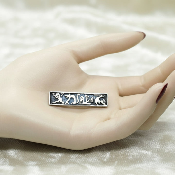 1920s Vintage Aztec Deities Bar Pin, Mexican Silver Renaissance Brooch.